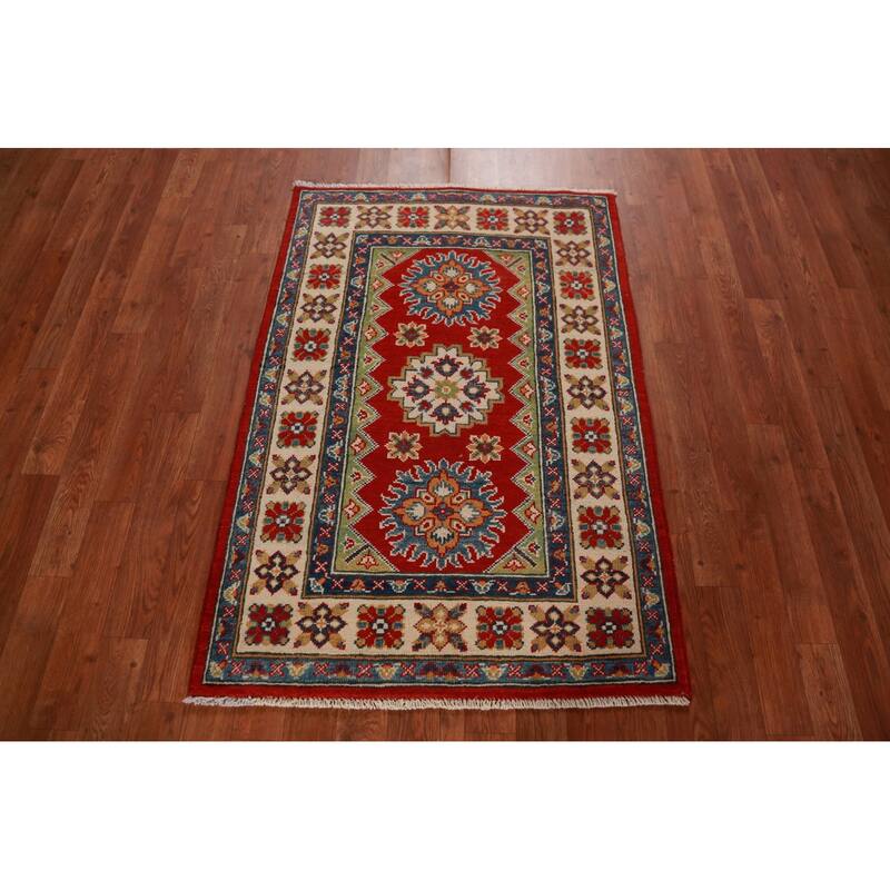 Geometric Kazak Foyer Rug Handmade Red Wool Carpet - 2'9"x 3'11"