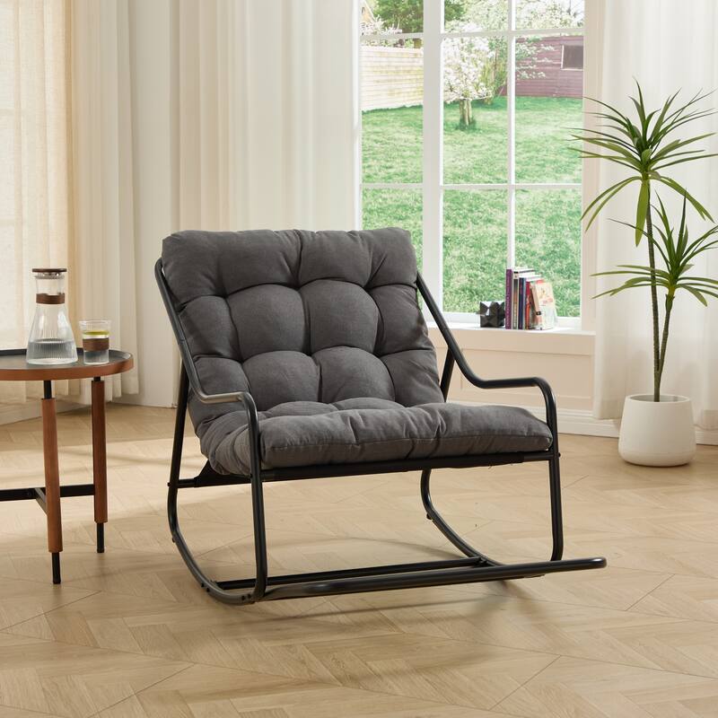 Outdoor Rocking Chair, Comfy Cushion, with Soft Thick Cushion,for Living Room, Bedroom, Reading Room, Black Frame with Cushion