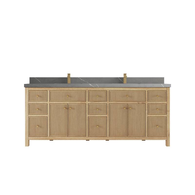 Willow Collections 84 in. W x 22 in. D Sonoma Teak Double Sink Bathroom Vanity with Countertop - 2" Piatra Gray - Light Natural