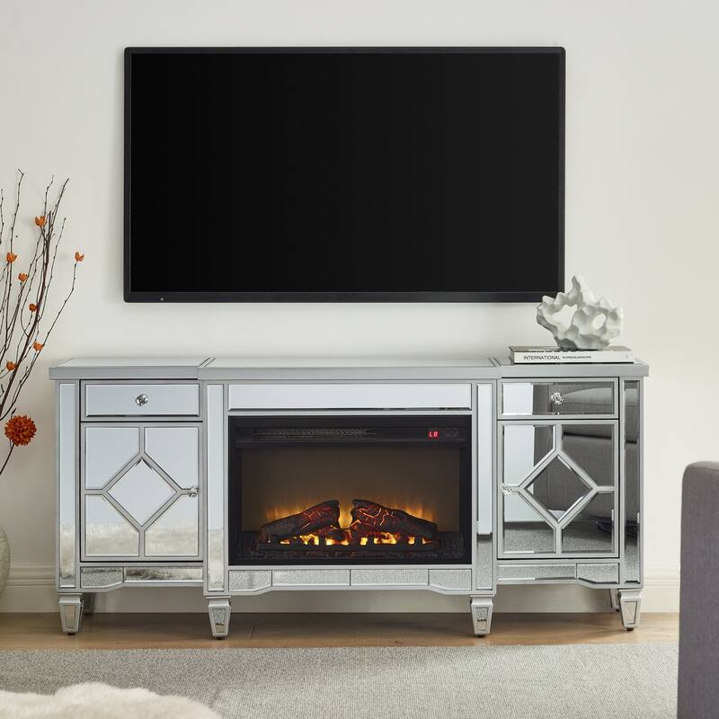 57" Silver Combination TV Stand & Electric Fireplace with High-Intensity LED Flames