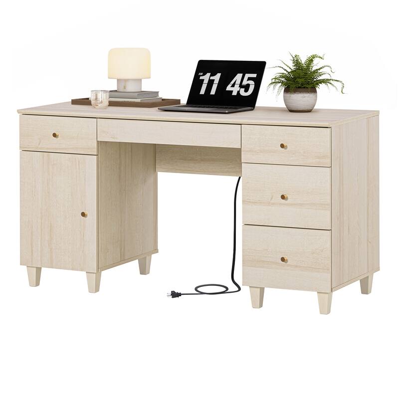 58" Executive Desk with 5 Drawers&Charging Station for Home Office - 5 Drawers & 1 Cabinet - Light Oak
