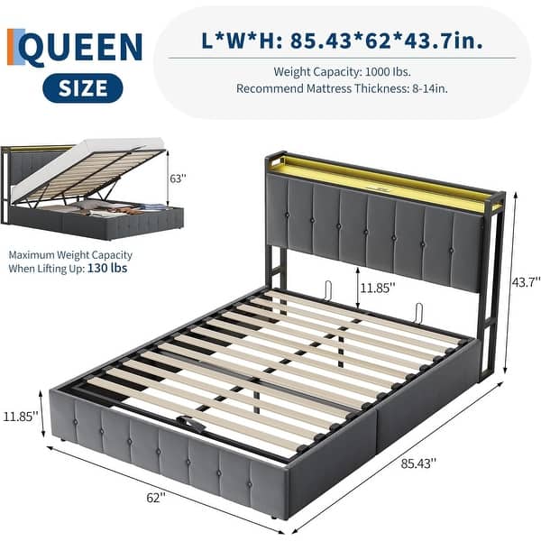 dimension image slide 4 of 12, Bed Frame with Lift Up Storage, Upholstered Velvet Platform Bed with Storage Headboard