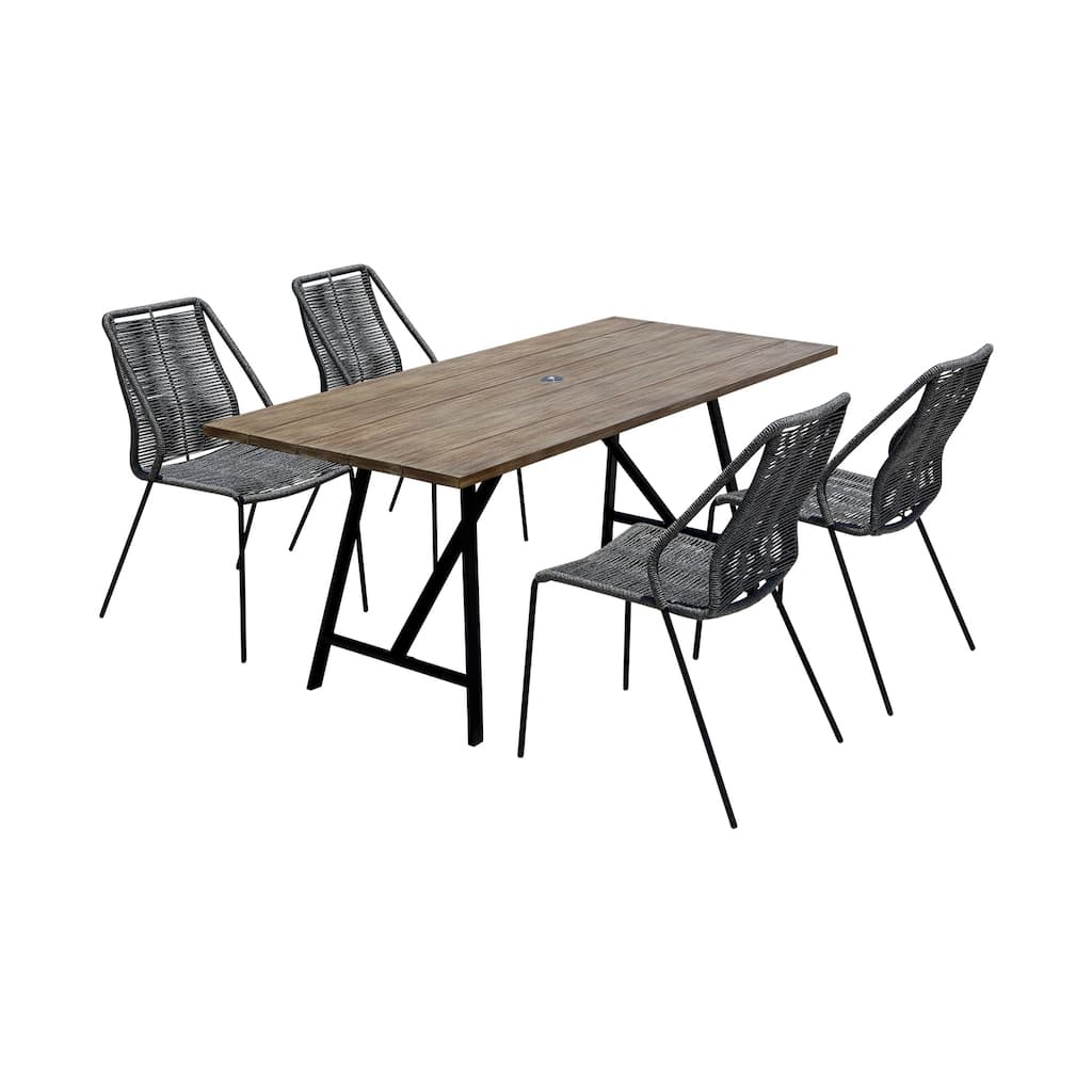 Modern 5 Piece Outdoor Dining Set - Eucalyptus Wood & Metal Patio Table with Rope Chairs