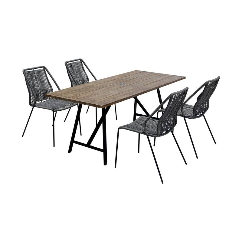 Modern 5 Piece Outdoor Dining Set - Eucalyptus Wood & Metal Patio Table with Rope Chairs