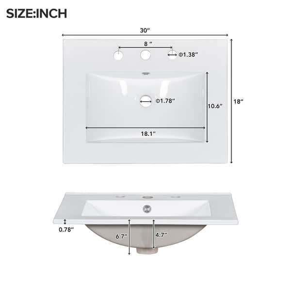 dimension image slide 3 of 6, 30" bathroom vanity cabinet with ceramic basin, 3 drawers and adjustable shelves