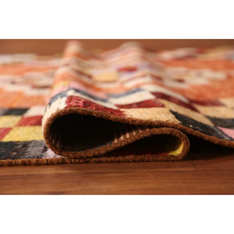 Checkered Orange Moroccan Oriental Area Rug Handmade Wool Carpet - 6'7" x 9'10"