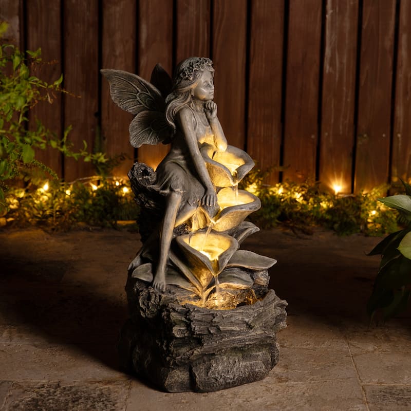 Glitzhome 22"H 4-Tiered LED Lighted Mermaid Fairy Polyresin Outdoor Floor Statue Fountains