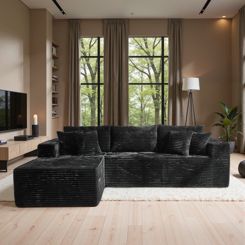 HOOOWOOO Modular Plush Upholstery L-shaped Sofa with Chaise Lounge - Black-Left Chaise