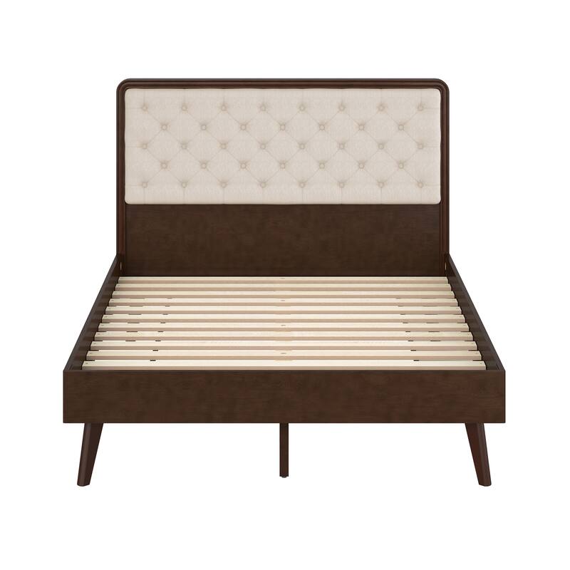 LUE BONA Solid Wood Panel Platform Bed with Button Tufted Headboard, Multi-Size wooden Rustic Bed Frame Bedroom Furniture