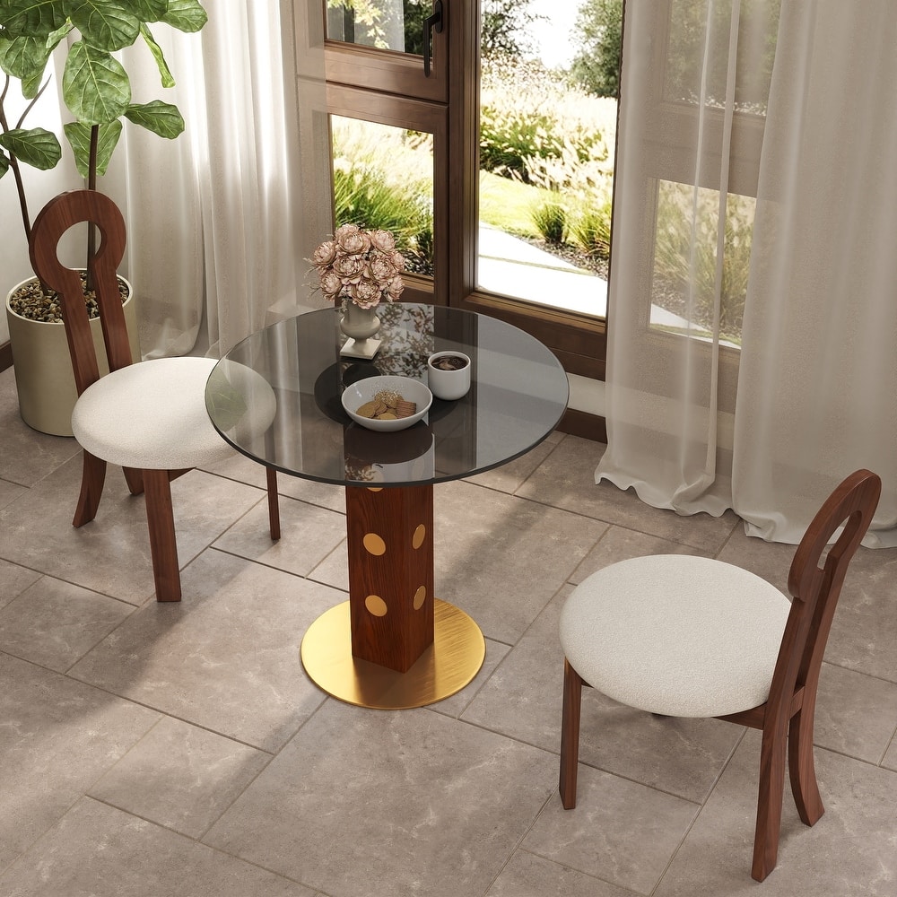 33" Retro Round Glass & Sintered Stone Tabletop Dining Table with Solid Wood Pedestal