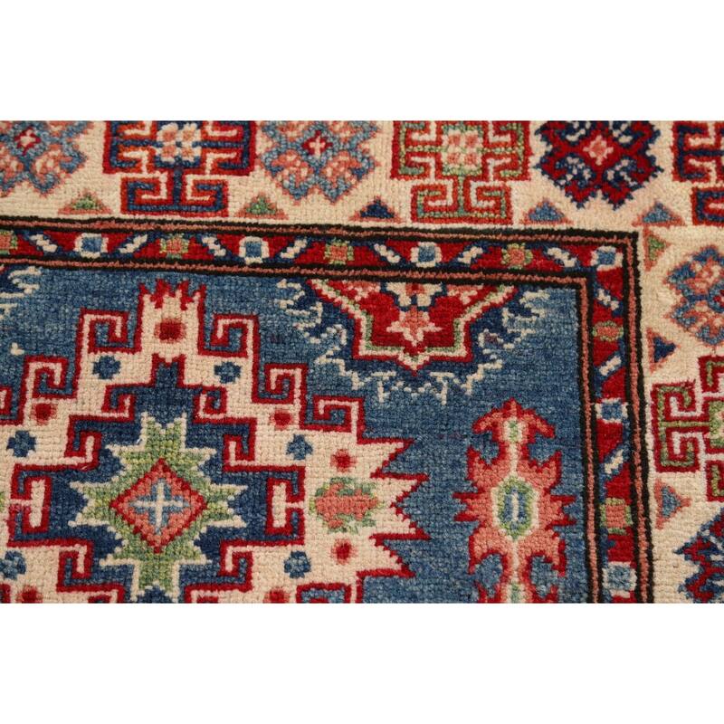 Blue Kazak Foyer Rug Handmade Geometric Wool Handmade Wool Carpet - 2'9" x 4'2"
