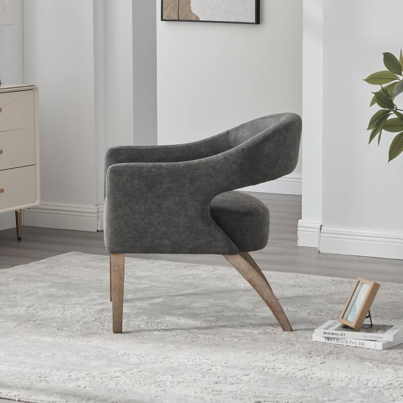 Modern Upholstered PU Open Back Accent Armchair Barrel Dining Chair with Weathered Rubberwood Legs, Hollow-Out Side Club Chair