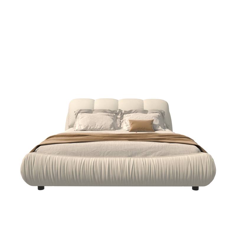 King Upholstered Platform Bed, Oversized Padded Backrest Bed Frame, Beige