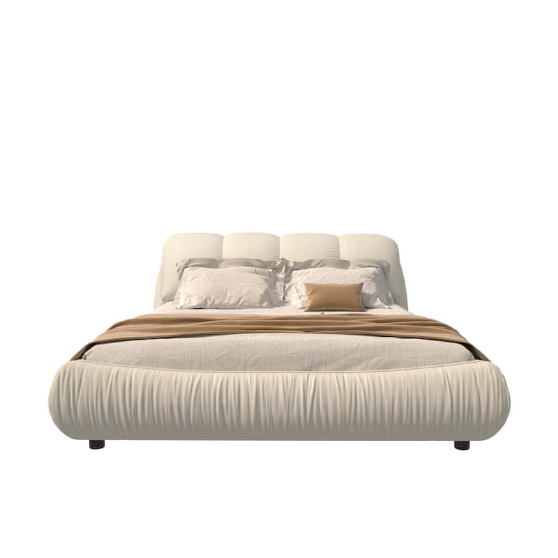 Queen Size Upholstered Platform Bed with Oversized Padded Headboard and Solid Wood Frame, Beige