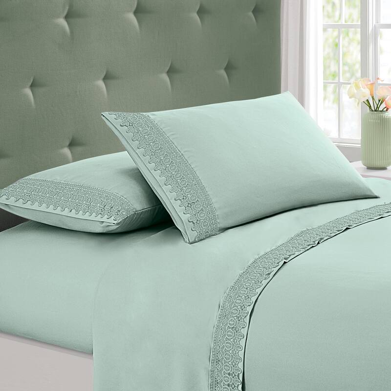 Embroidered Lace Design 4-Piece Sheet Set - Light Blue - Full