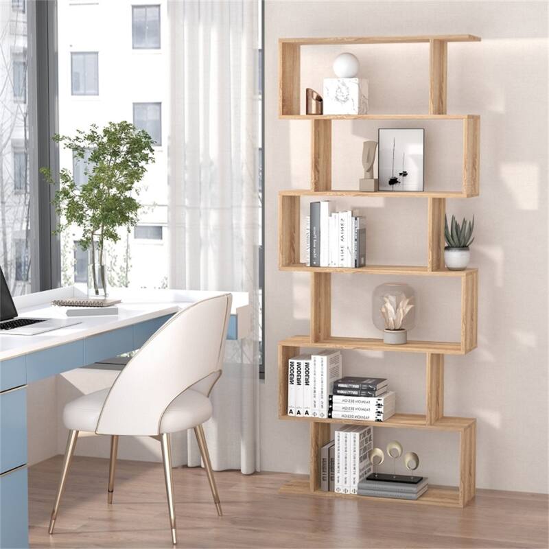Oak Engineered Wood S-Shaped 6-Tier Bookshelves Shelf with Anti-Tip Design - 31.5" L x 9" W x 75.5" H