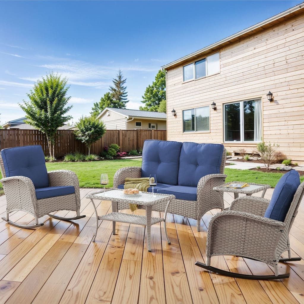 Outdoor Rocking Chair Table with Loveseat - Light Grey - Brown