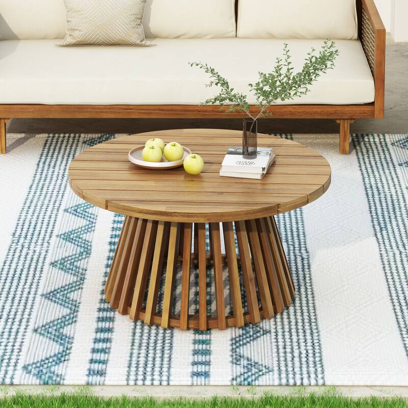Roomfitters Round Outdoor Coffee Table with Slatted Tapered Base and Solid Wood Top, Modern Patio Center Table, Natural