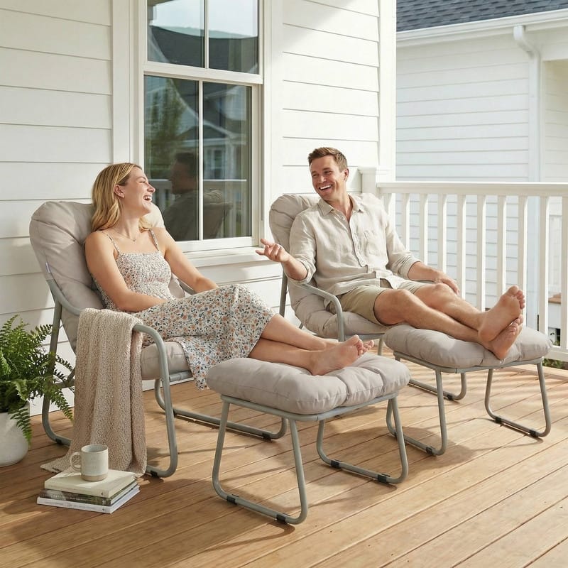 Outdoor Lounge Egg Chair with Ottoman, High-Back Metal Patio Papasan Accent Chair with Cushion for Balcony Porch Deck - 2 Chair + 2 Ottoman