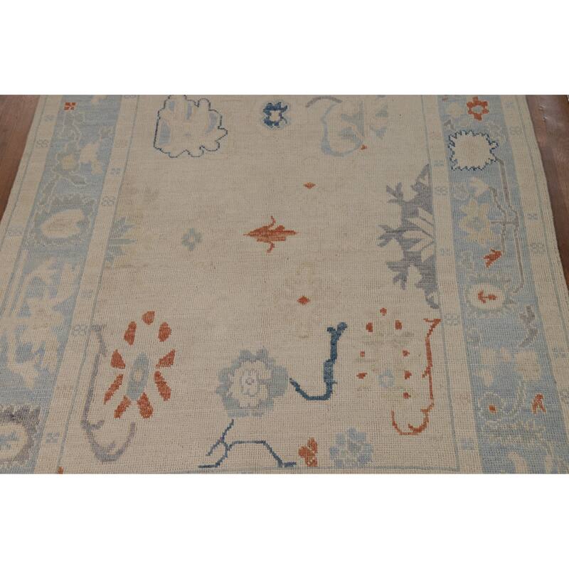 Vegetable Dye Beige Oushak Turkish Rug Hand-Knotted Wool Carpet - 5'2"x 7'0"