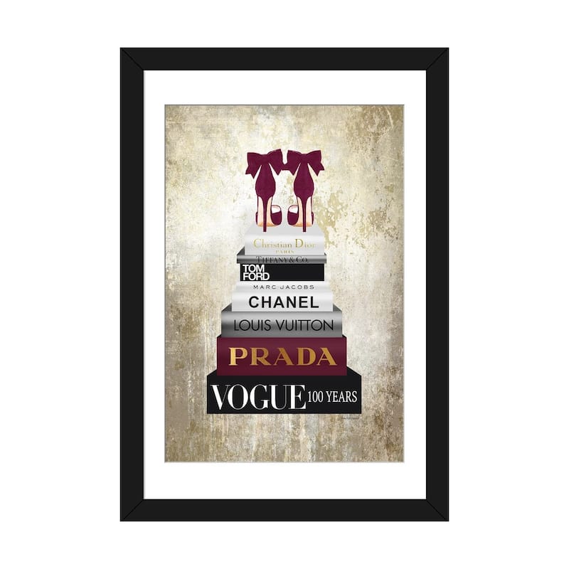 iCanvas "Tall Book Stack With Burgundy Shoes & Gold Background" by Amanda Greenwood - Black - 32x24x1