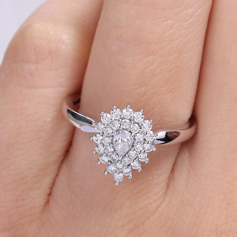 Miadora 1/2ct TDW Pear-cut Diamond Teardrop Double Halo Engagement Ring in 14k White Gold