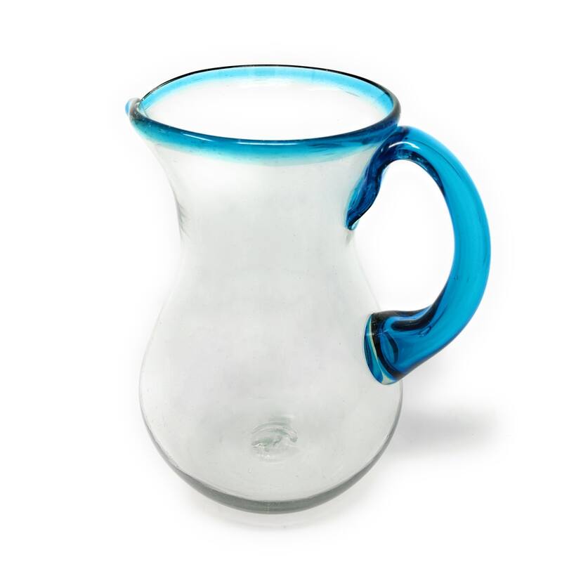 Mexican Hand Blown Glass Pitcher – Aqua Rim and Handle (84 oz) - Blue