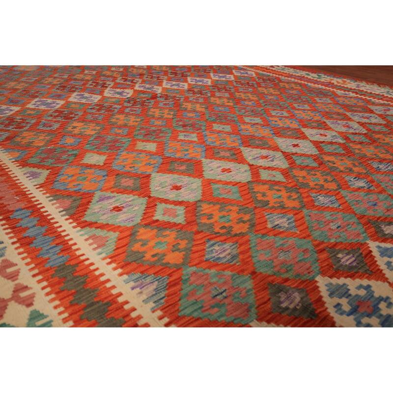 Orange Geometric Kilim Oriental Large Rug Flatweave Wool Carpet - 10'1" x 16'3"