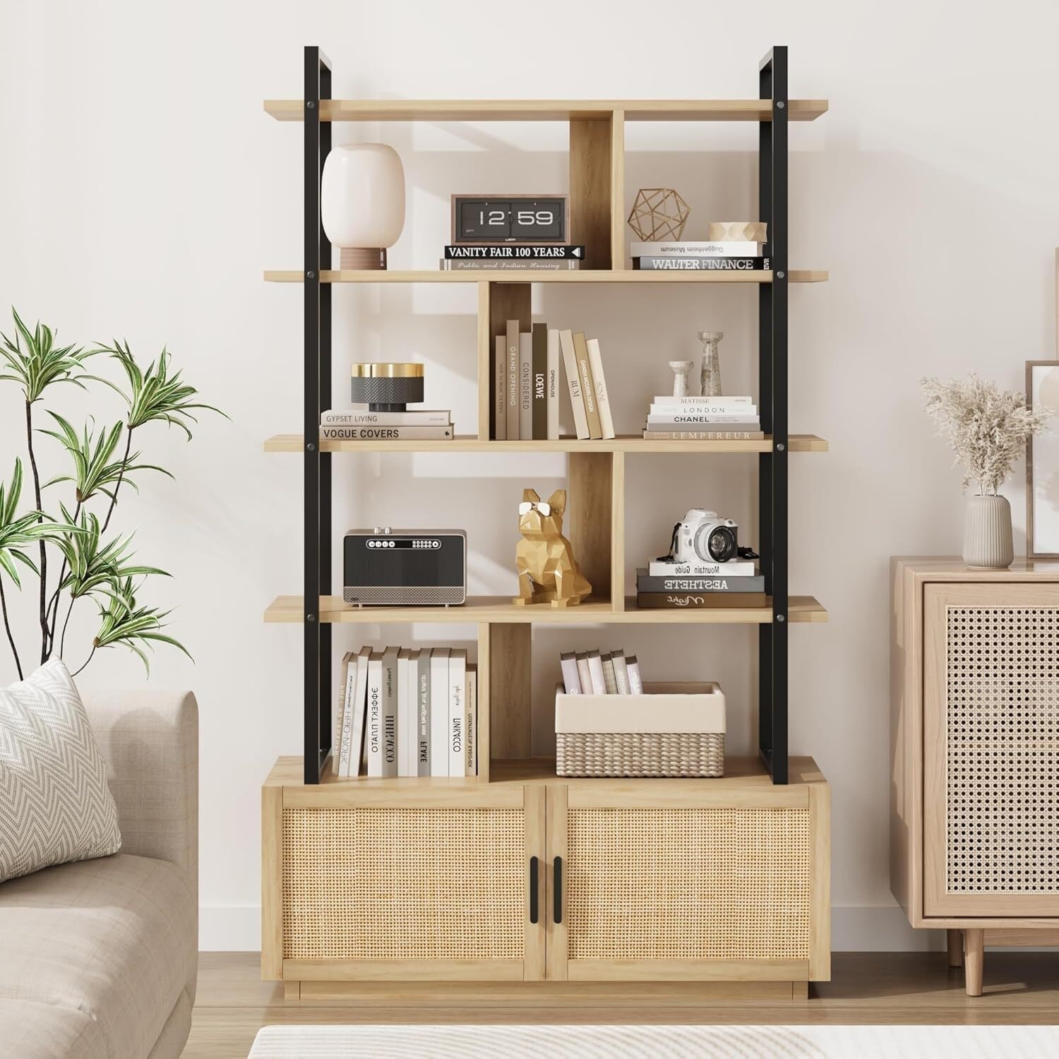 71.1 Inch Tall Rattan Bookshelf, 5 Shelf Industrial Bookcase with Storage Door and Open Display Shelves, Metal Frame