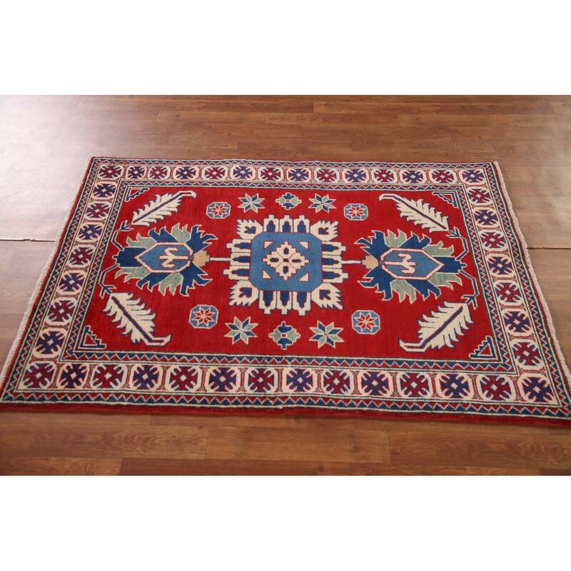 Geometric Red Kazak Accent Rug Handmade Traditional Wool Carpet - 3'4"x 4'11"