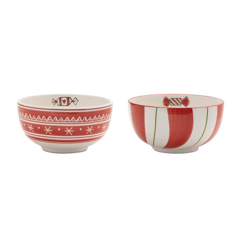Set of 4 Ceramic Santa Candy Bowls with Red White Stripes and Snowflake Peppermint Designs for Holiday Parties