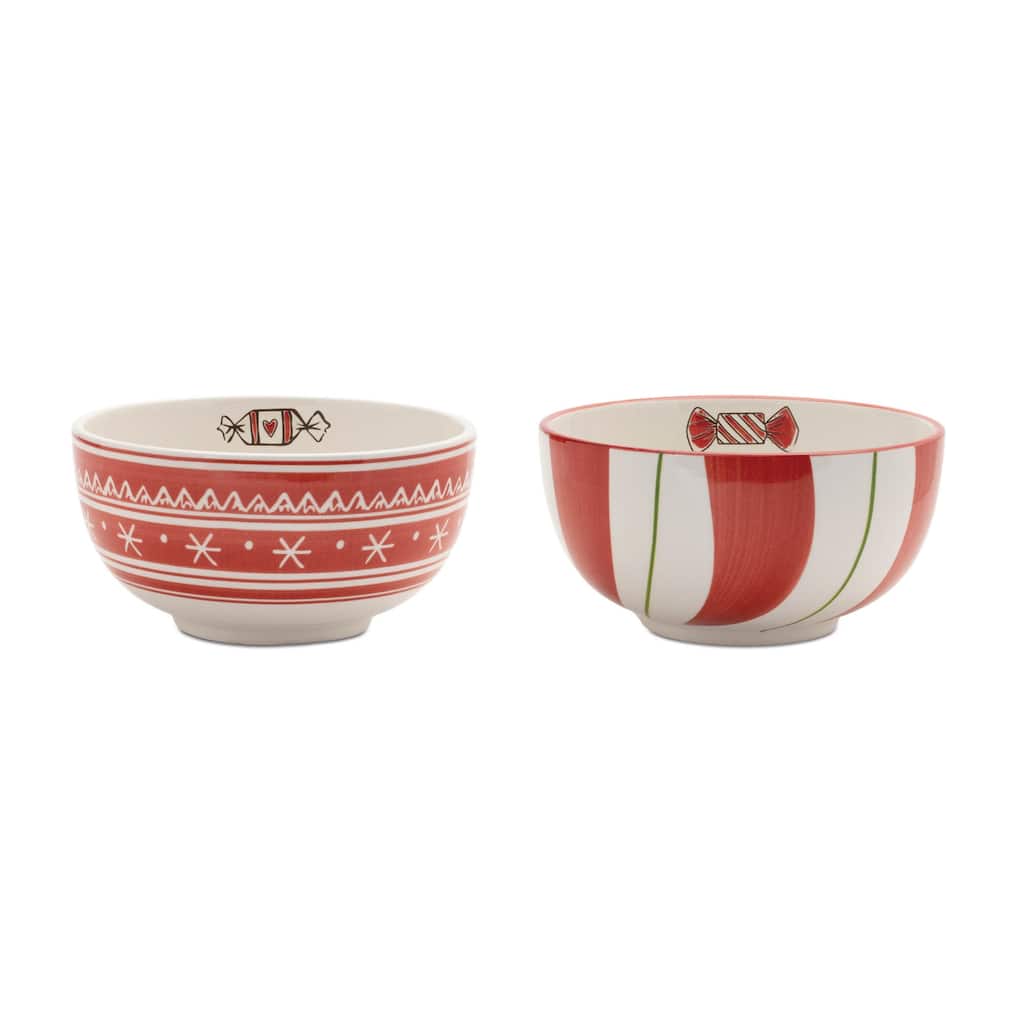 Set of 4 Ceramic Santa Candy Bowls with Red White Stripes and Snowflake Peppermint Designs for Holiday Parties