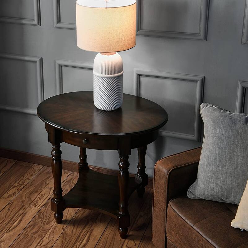 Solid Wood Oval End Table Sofa Table with Drawer and Storage Shelf