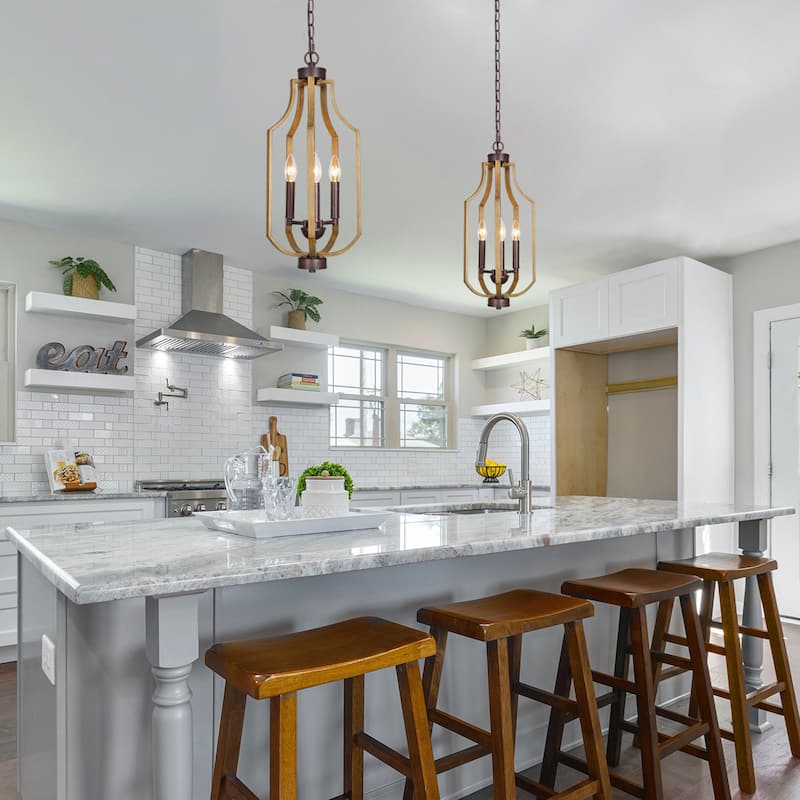 Modern Farmhouse 3-Light Wood Grain Lantern Island Pendant Lights for Dining Room - 9" D x 21" H