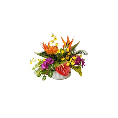 Tropical Artifical Flower Arrangement in Ribbed White Bowl - Orange