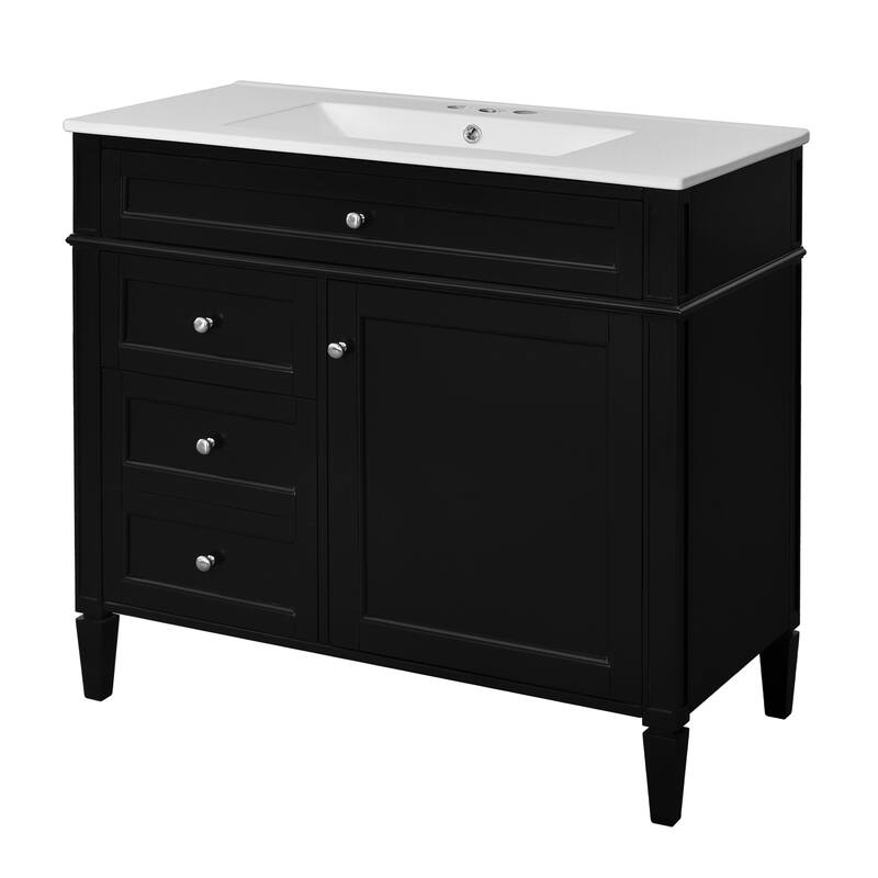 Modern Single Sink Bathroom Vanity Cabinet with Door Rack, Tip-out Drawer, 2 Pull-out Drawers, Metal Knobs and Adjustable Shelf