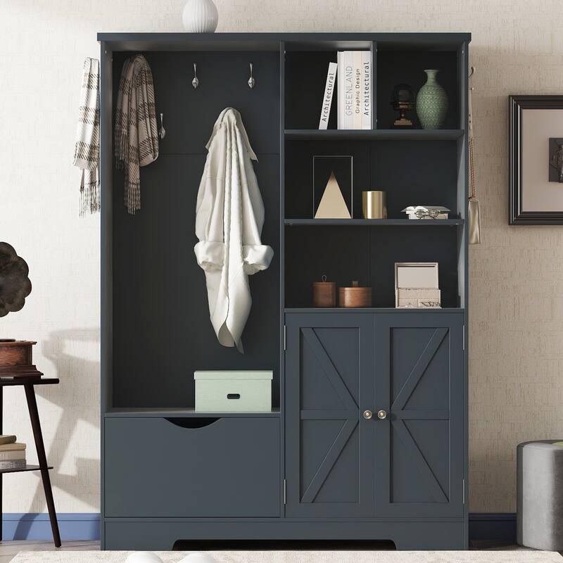 Multi-functional Hall Tree with Bench and Shoe Storage,Entryway Hall Tree with Coat Rack - Blue