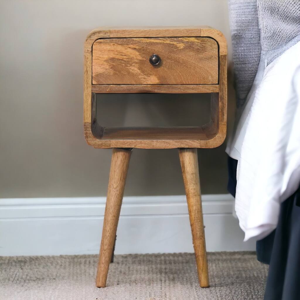 Mini Oak Curve Nightstand with Drawer and Open Slot