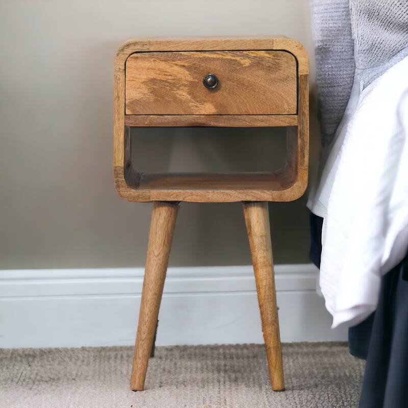 Mini Oak Curve Nightstand with Drawer and Open Slot - Brown