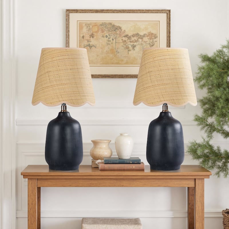 2 Pack Rustic Ceramic Accent Table Lamp with Raffia Shade