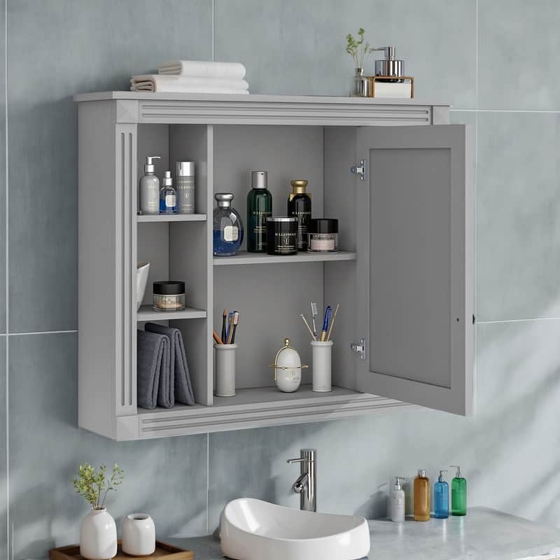 35" x 28" Wall-Mounted Medicine Cabinet, Modern Bathroom Mirror Storage Cabinet with 6 Open Shelves