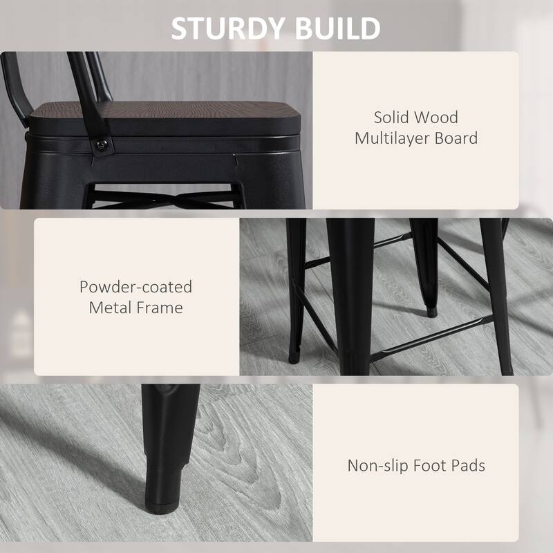 HOMCOM 3 Piece Bar Table Set with 1 Table, 2 High Back Chairs and Metal Frame with Footrests for Home