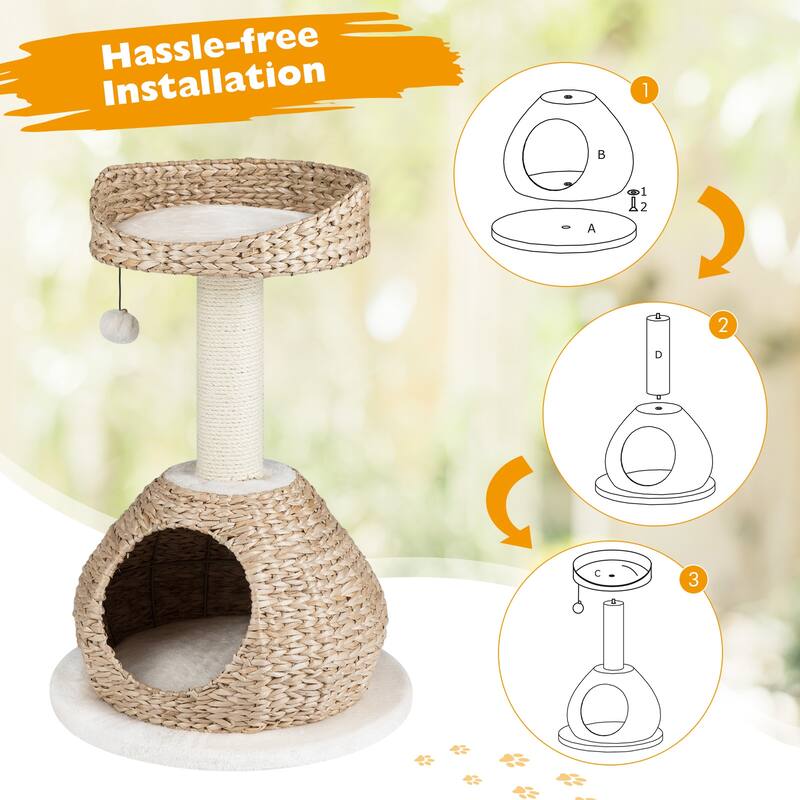 Gymax 28'' Hand-Made Cat Tree Tower Natural Bowl Shaped w/Perch