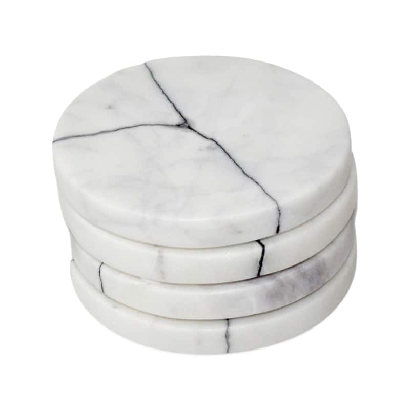 Set of 4 Veined White Marble Round Coasters - White