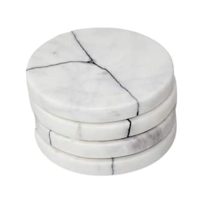 Set of 4 Veined White Marble Round Coasters - White