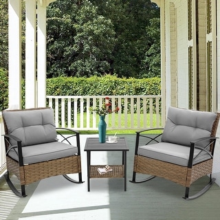 3 Pieces Patio Rocking Rattan Set, Outdoor Bistro Set with Cushions - 1 ...
