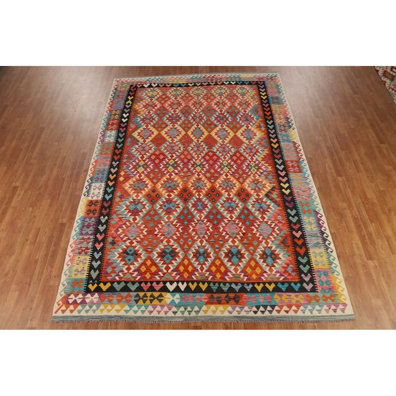 Orange Kilim Area Rug Hand-Woven Geometric Wool Carpet - 8'1" x 11'8"