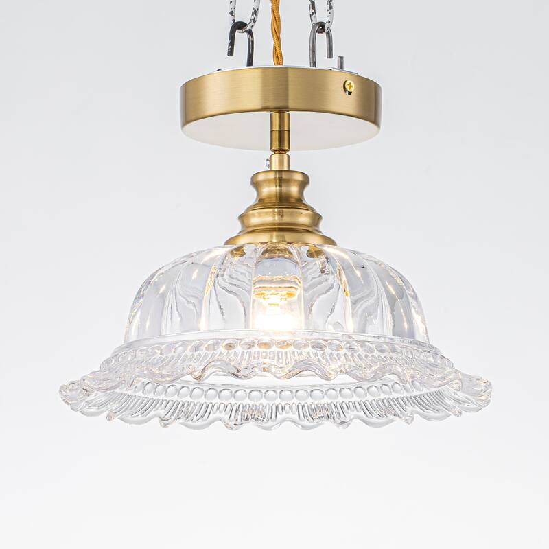 1-Light Modern Brass Glass Flower Pendant Light for Kitchen Island & Dining Area - 9.84 in. Dia x 5.43 in. H - 9.84 in. Dia x 5.43 in. H - Brass