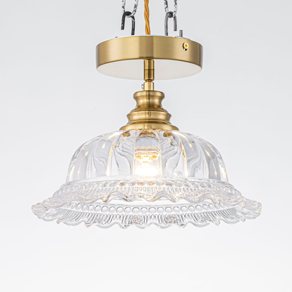 1-Light Modern Brass Glass Flower Pendant Light for Kitchen Island & Dining Area - 9.84 in. Dia x 5.43 in. H