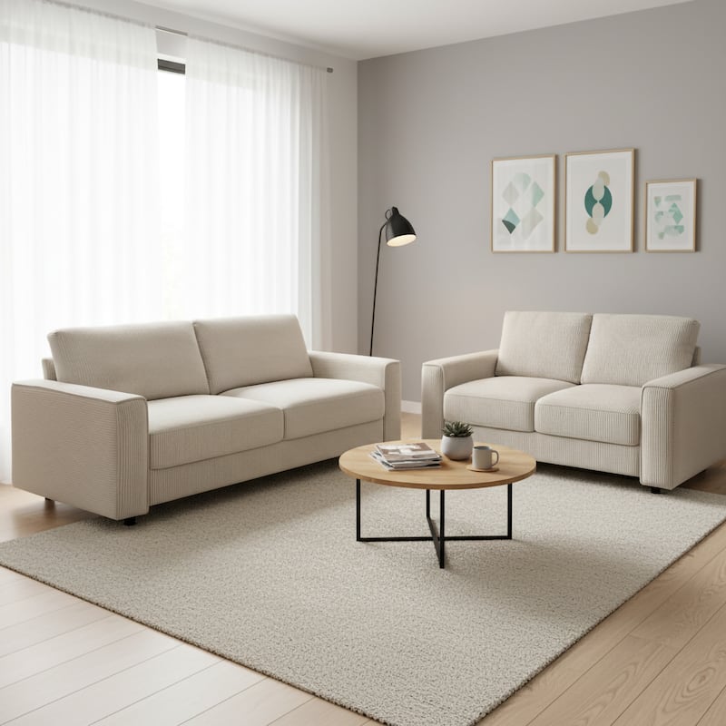 Modern Contemporary Upholstered 2-Piece Corduroy Plush Tufted Sofa Set - Beige